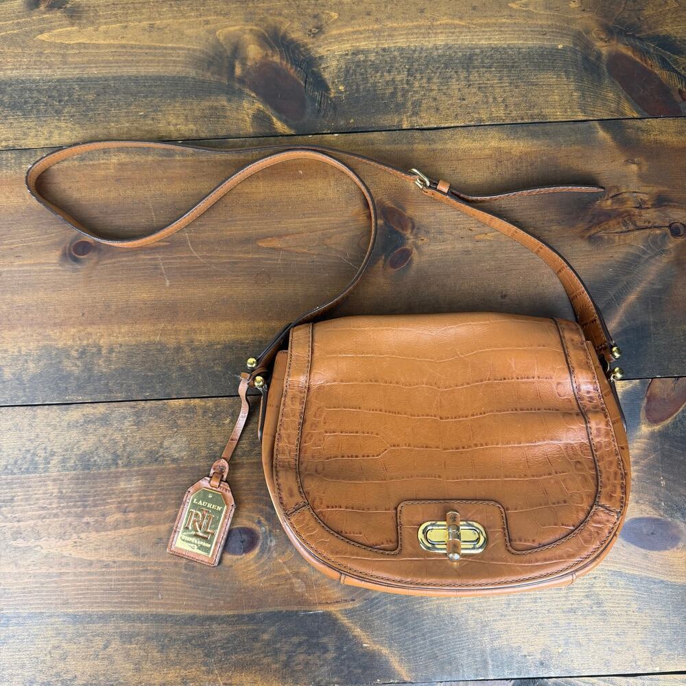 Lauren Ralph Lauren Cognac Brown Leather Croc Embossed Crossbody Bag Purse